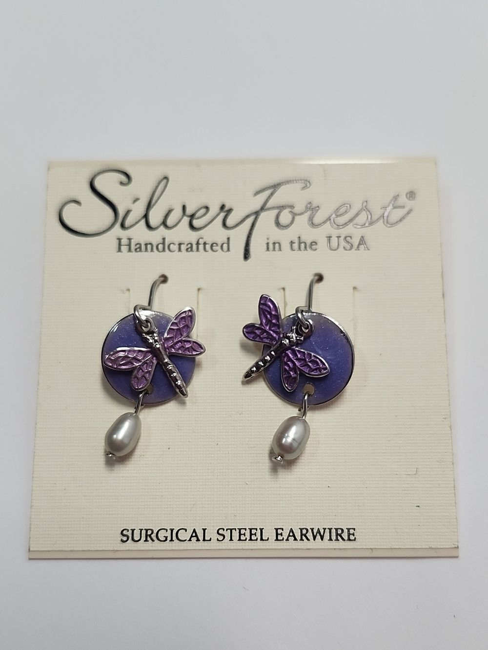 Silver Forest Purple Dragonfly Pearl Drop Earrings with Silver Accents